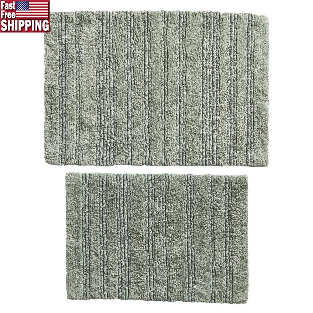 Reversible Cotton Bath Mat Set Ultra Soft Absorbent Machine Washable 2 Piece Rugs Bathroom Floor Protection