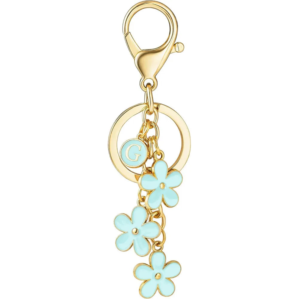 Initial Keychain White/Pink Flower Charms Key Cute Letter Keyring For Handbag Backpack