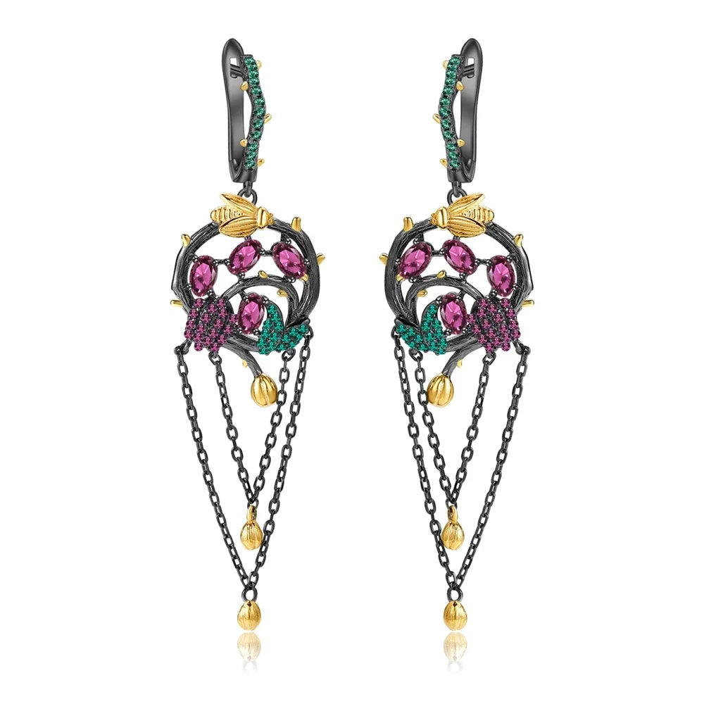 GEM'S BALLET Natural Rhodolite Garnet Tassel Earrings 925 Sterling Silver Handmade Gold Bee on Branch Drop Earrings for Women