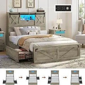 Hasuit Farmhouse Bed Frame Twin XL Size with 2 Storage Drawers, Wooden Platform Twin XL Bed with LED Lights and Charging Station