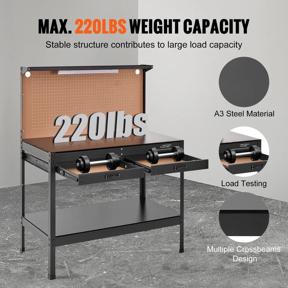 Multifunctional Workbench with Pegboard Power Outlets Heavy Duty A3 Steel Garage Workshop with LED Light Organized Storage