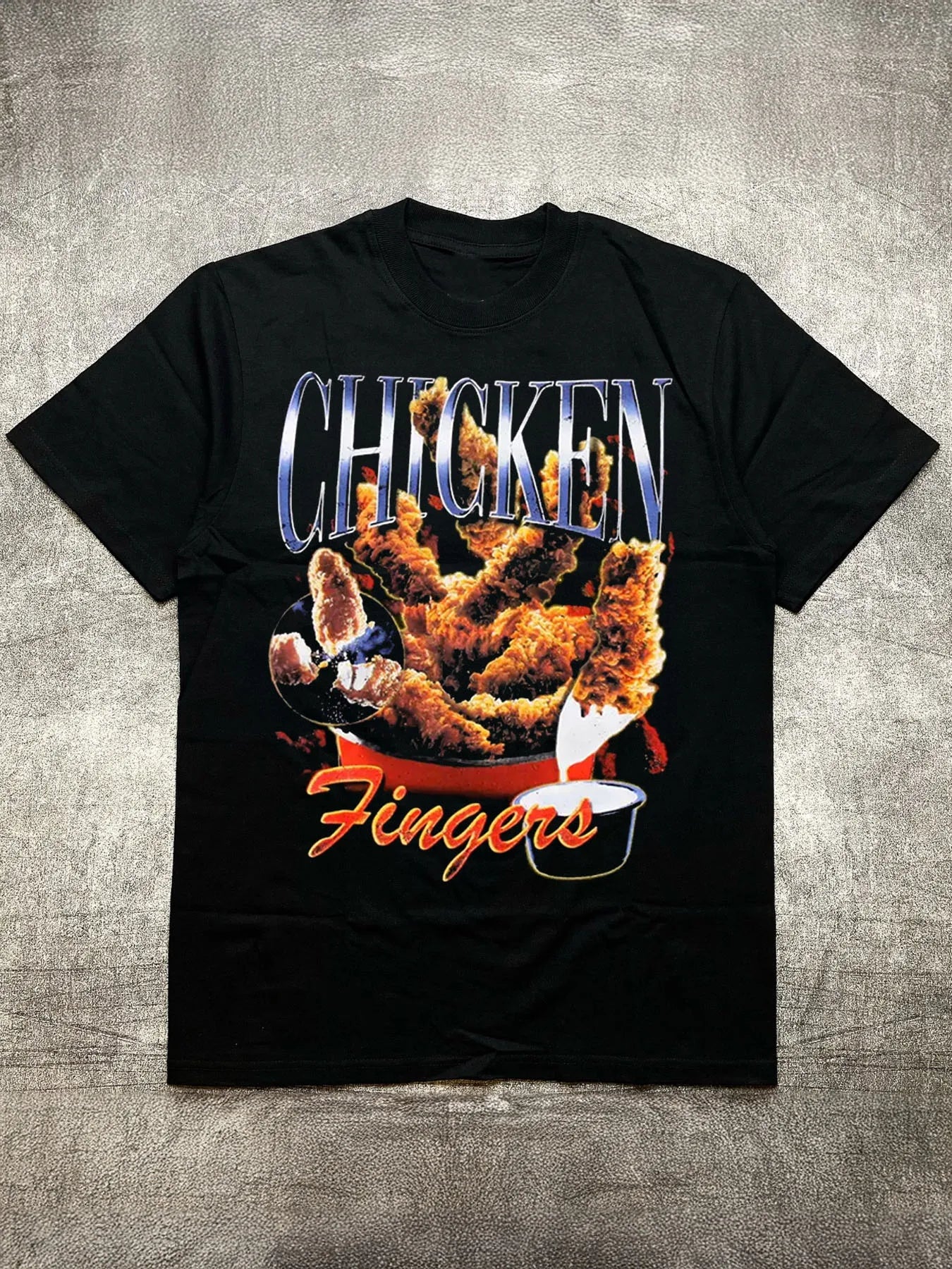 Men's Heat Transfer Print Cotton Round Neck Short Sleeve T-Shirt - Fried Chicken Food Theme Design, Black 200g