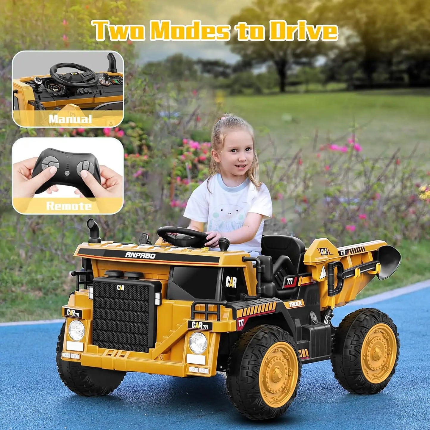 Ride on Dump Truck, 12V Ride on Car with Remote Control, Electric Dump Bed and Extra Shovel, Ride on Construction Vehicle with M