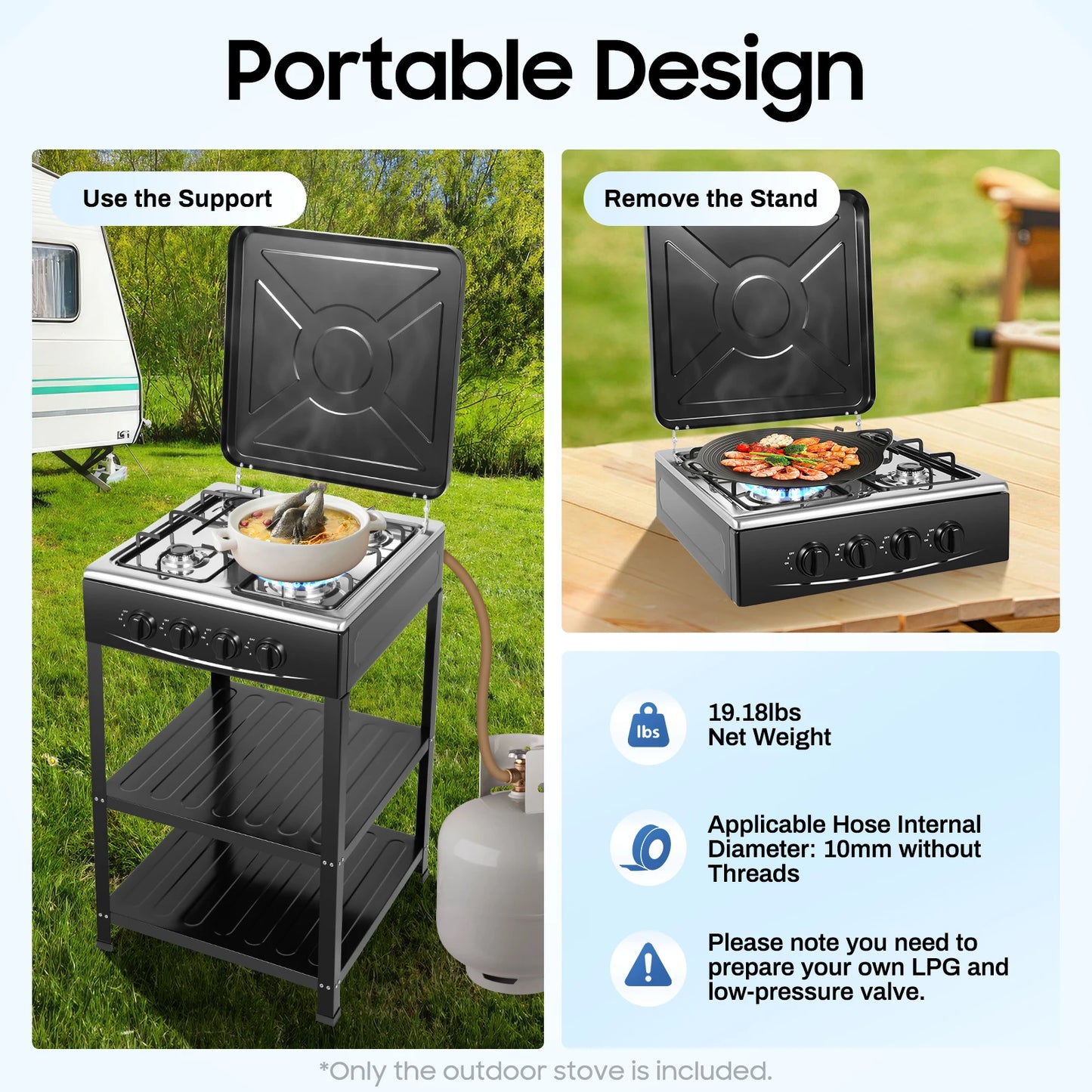 4 Burner Gas Stove Glass Ceramic Built-In Stove Natural Gas Propane Gas Hob w/Movable Storage Bracket