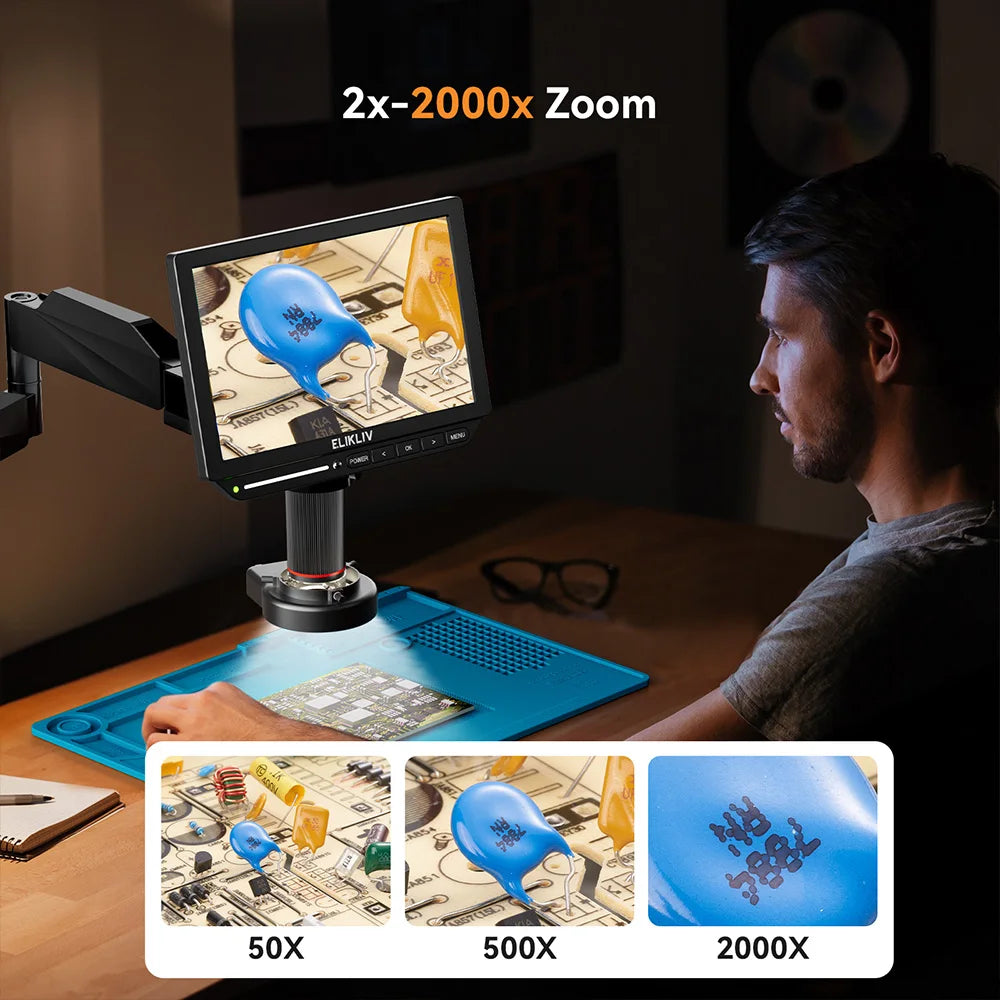 ELIKLIV EM4K Flex 2000X 4K Digital Microscope with Boom Arm 10.1" HDMI Soldering Microscope for Electronics Coin Jewelry View