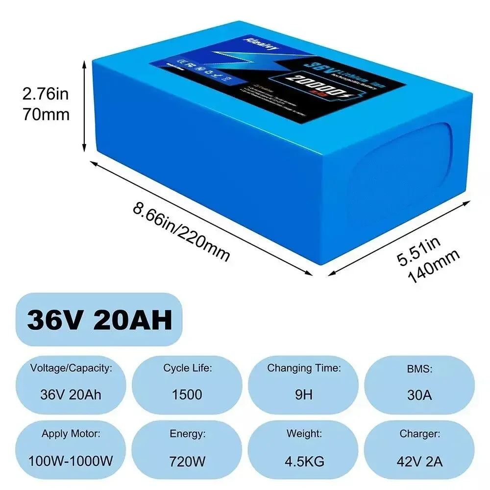Aleaivy 36V 48V Electric Bike Lithium Battery Pack 10,14,20Ah Li ion Ebike Battery for Bicycle Scooter Motorcycle with Charger