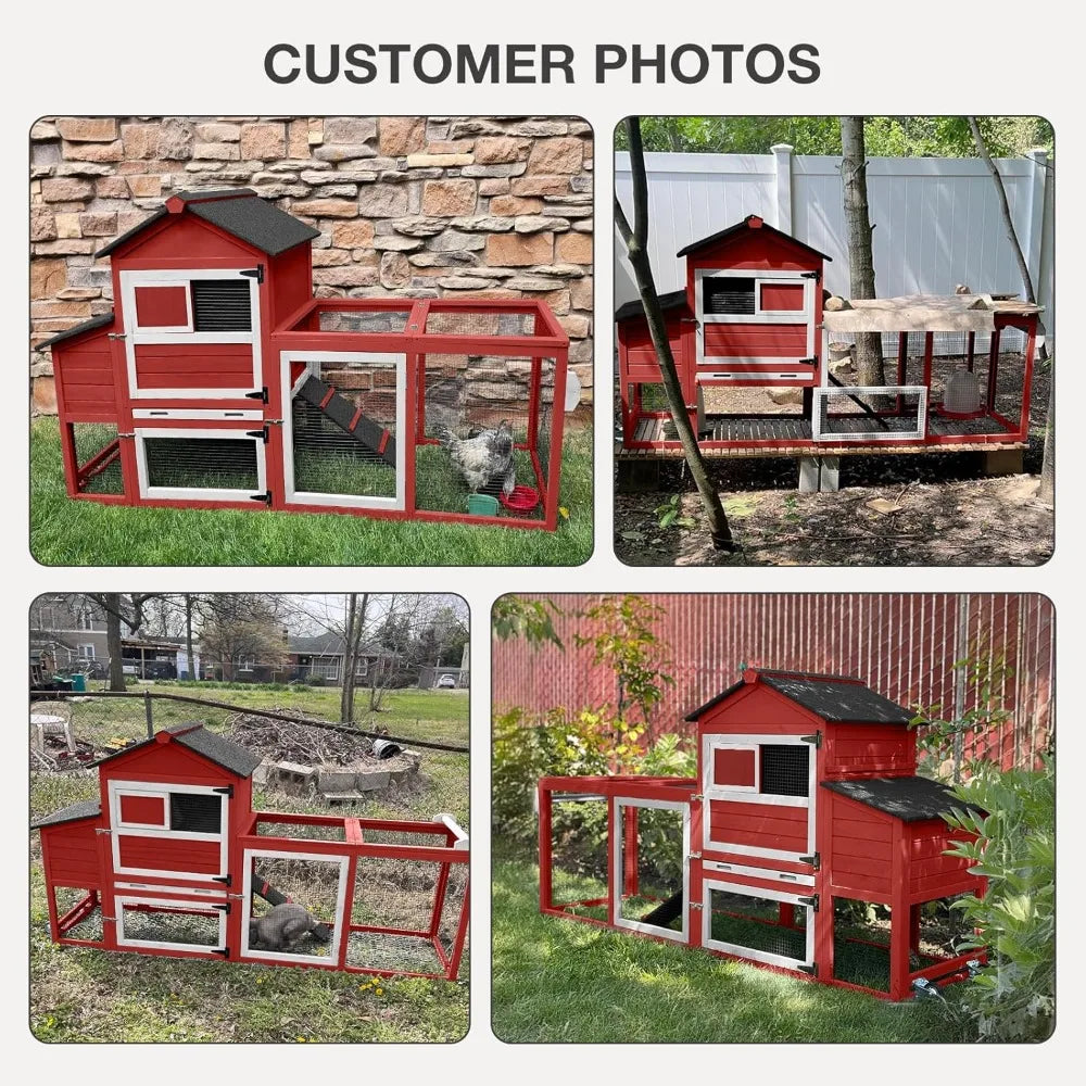 Chicken Coop for Outdoor - Poultry Cage with Wheels, Nesting Box, Leakproof Pull-on Tray, and Asphalt Waterproof Roof - Red