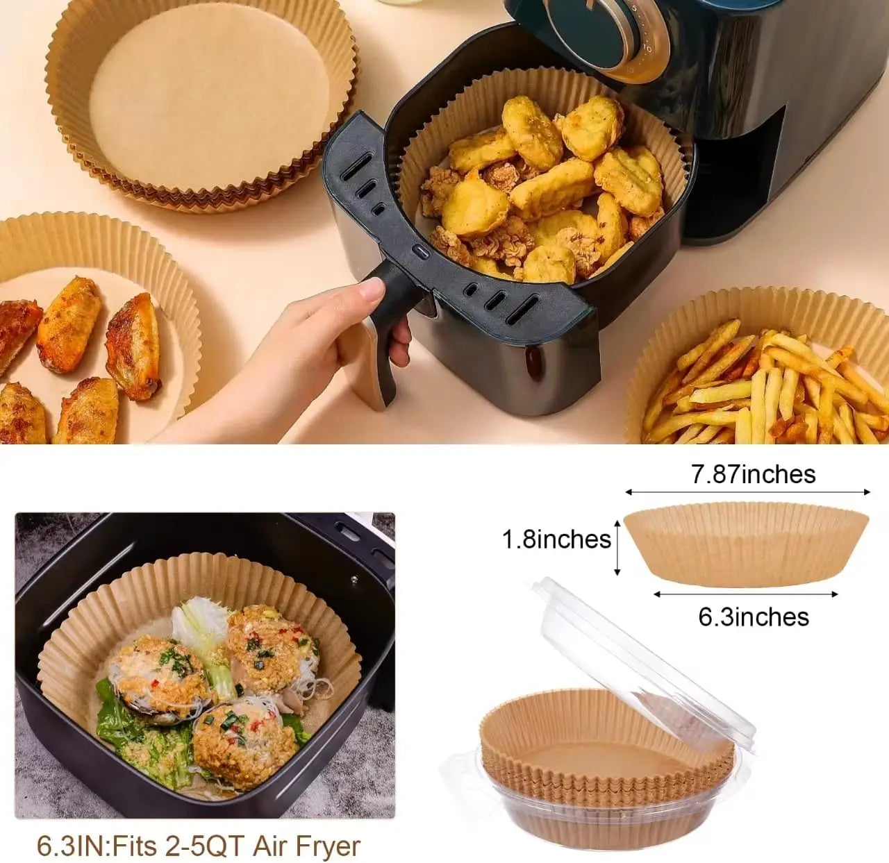 Air Fryer Liners Disposable, 100PCS Non-stick Disposable Airfryer Liners, 6.3 Inch Unbleached Parchment Paper, Round Air Fryer P