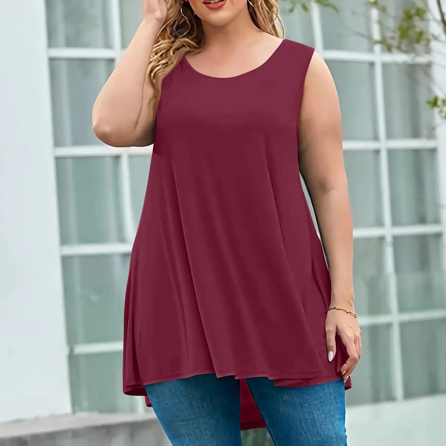 Plus Size Tanks & Camis women's fashion summer round neck sleeveless casual solid color loose pullover top plus size vest tops