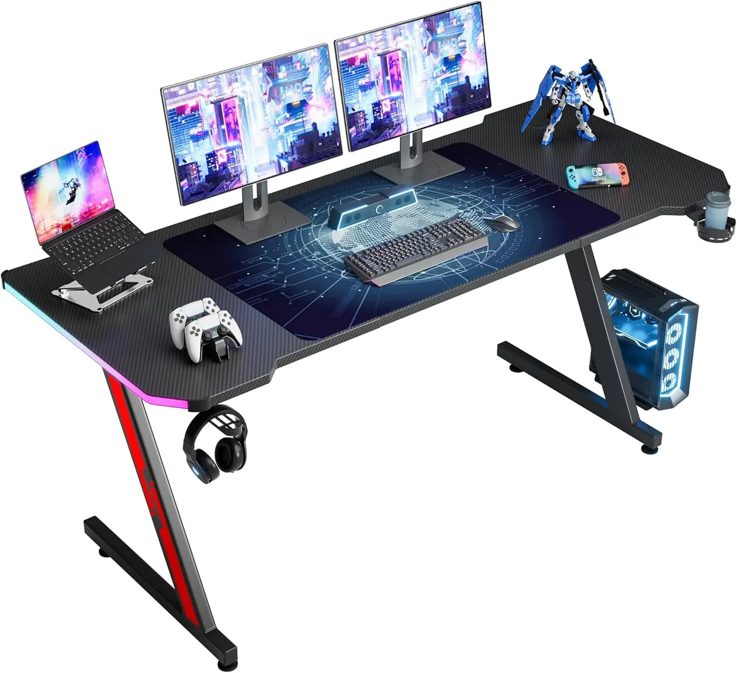 Gaming Computer Desk with Carbon Fiber Surface, Gaming Table Z Shaped PC Home Office with Cup Holder&Headphone Hook