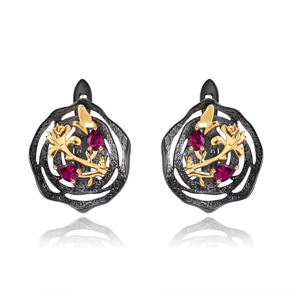 GEM'S BALLET Natural Peridot woman’s statement earrings 18k gold 925 silver two tone handmade butterfly flower lotus Earrings