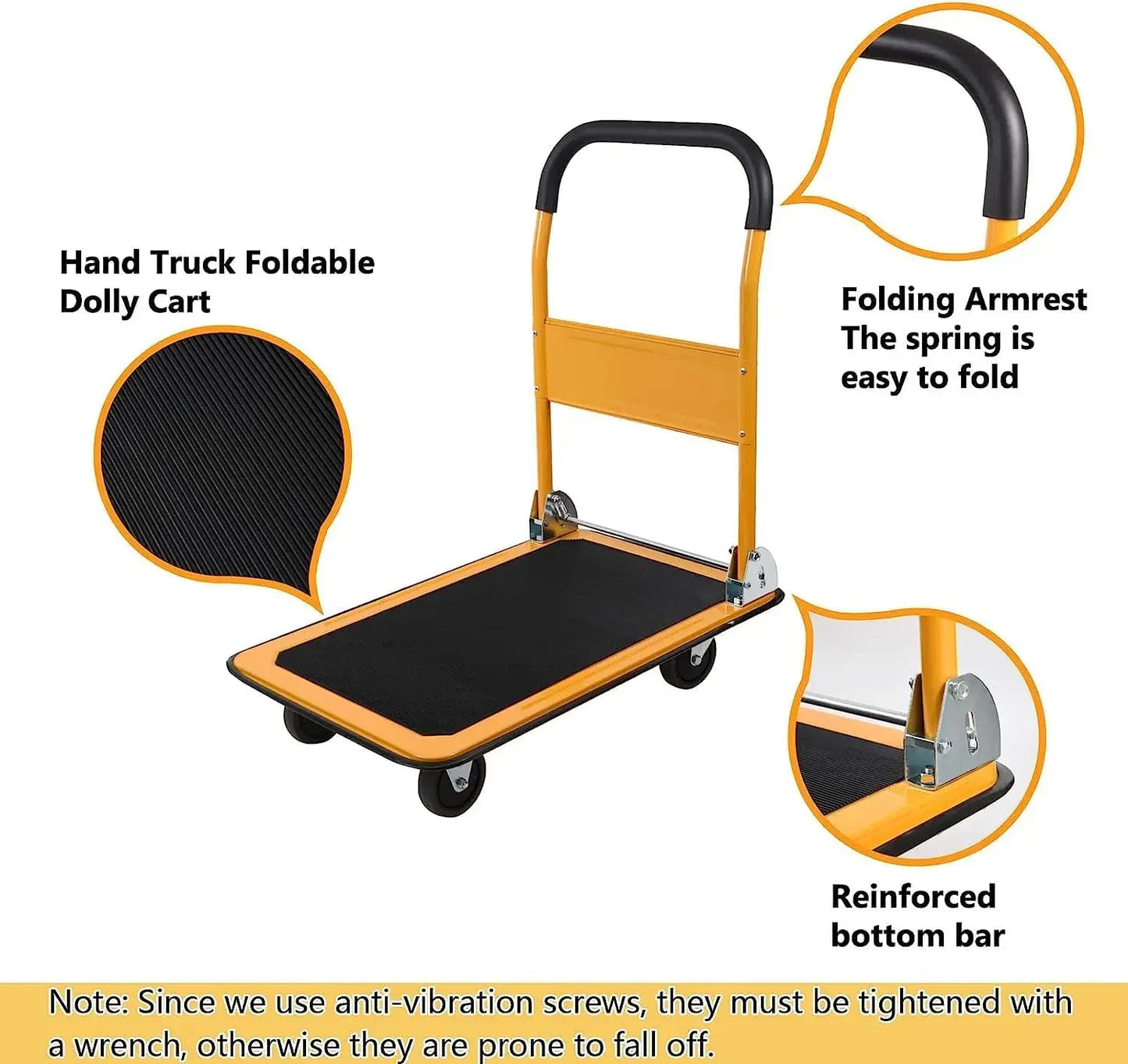 Foldable Push Cart Platform Cart 330lbs Capacity 4 Wheels 28.7x18.5x32.3inches Yellow Small Flatbed Cart