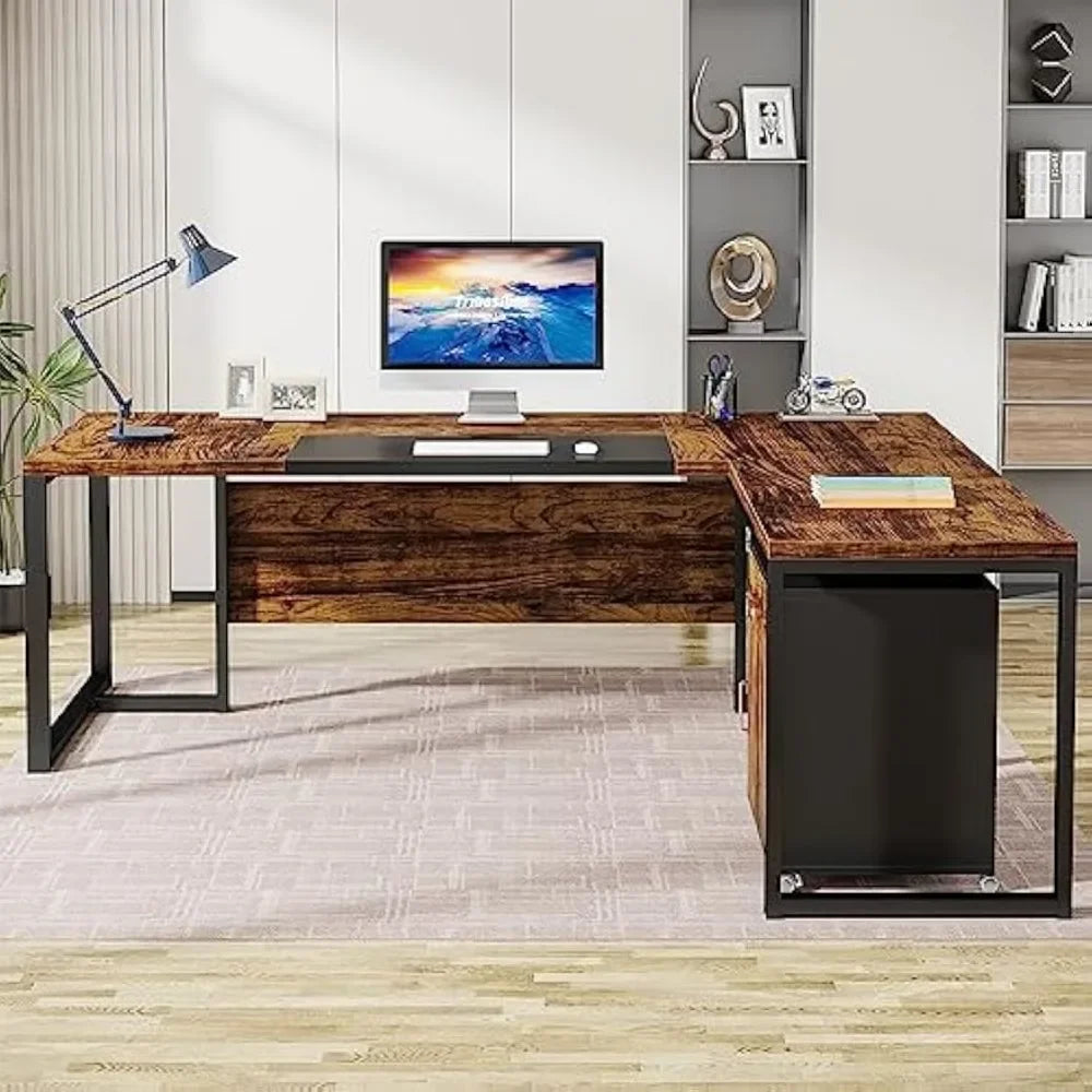 "70” Executive Desk with File Cabinet – Large L-Shaped Design with Storage & Drawer Cabinets – Computer Office Workstation"