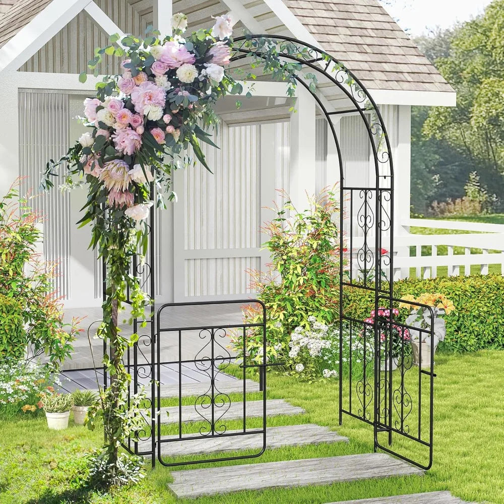 Garden Arbor with Gate, 84" H x 54" W Metal Arch Trellis for Climbing Plants Rose Vines, 6 Sharp Ground Stakes, Heavy Duty