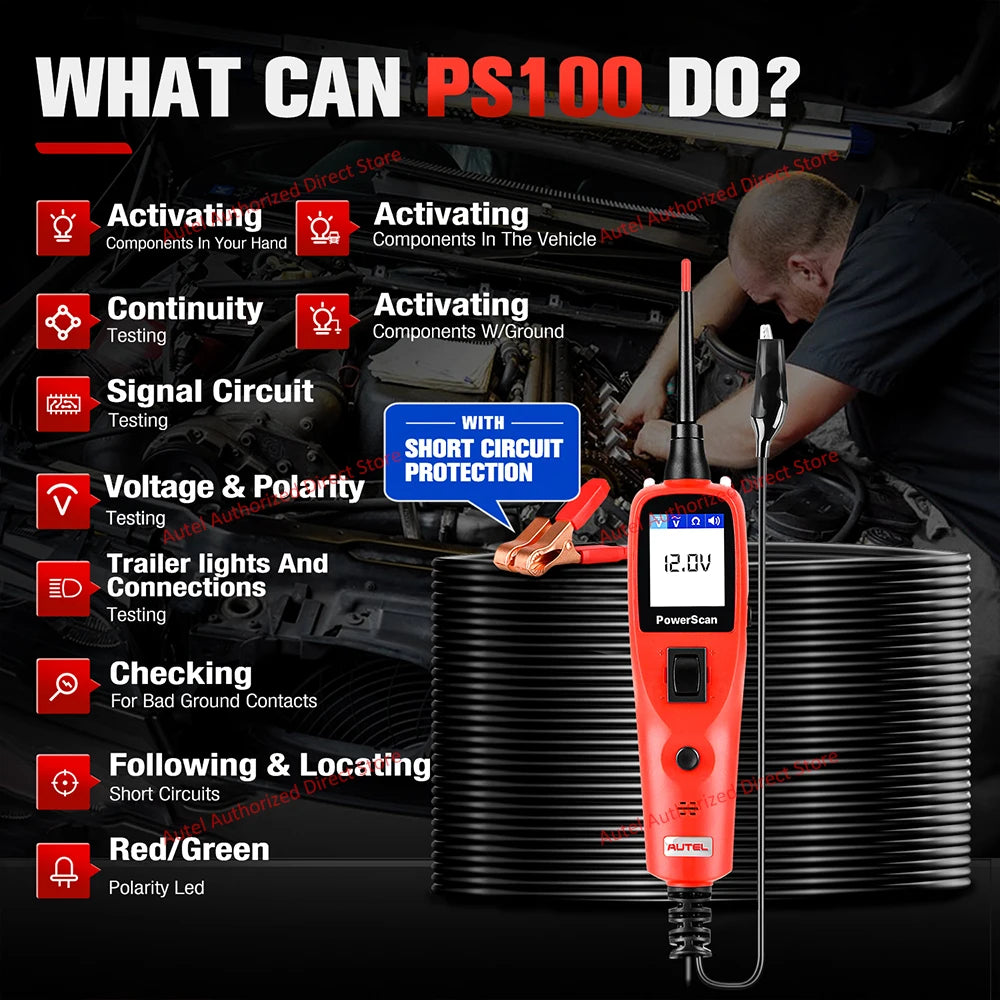 Autel PowerScan PS100 Automotive Circuit Tester, Universal 12V 24V Automotive Power Circuit Probe Kit with 20ft Extension Cable