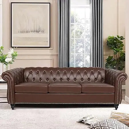Chesterfield Sofa, Classic Tufted Upholstered Leather Couch, Modern 3 Seater Couch Furniture with Tufted Back for Living Room O