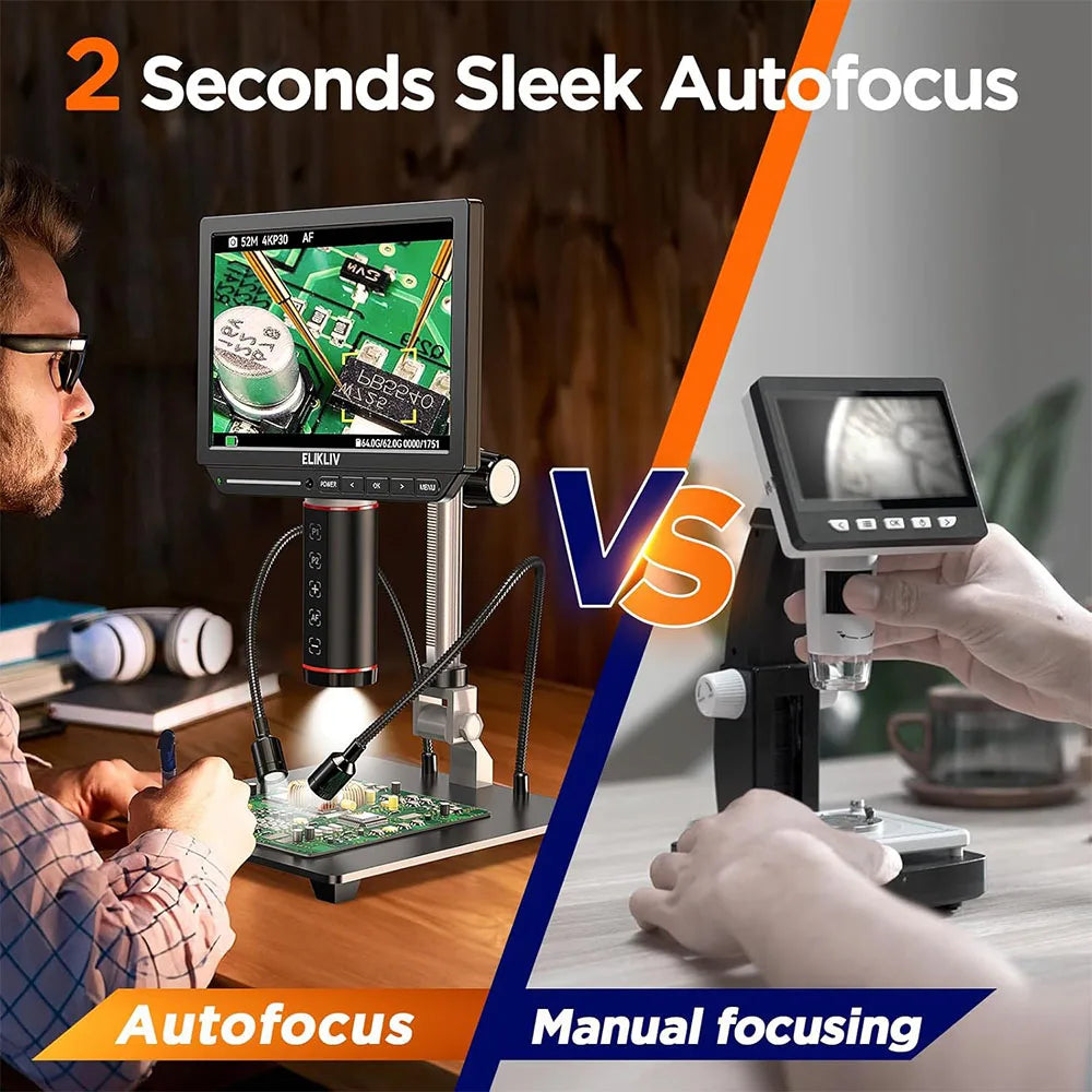 Elikliv EM4K-AF Autofocus 4K Digital Microscope 2000x HDMI Soldering Microscope for Electronic Repair 8" Coin Amplifier 10"Stand