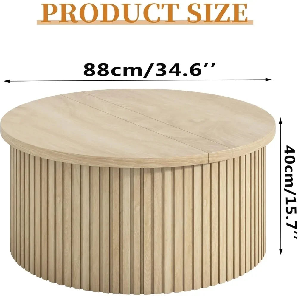 Lift Top Coffee Table with Storage, Round Coffee Tables for Living Room, 34.6'' Farmhouse Fluted Coffee Table, Wood Center Table