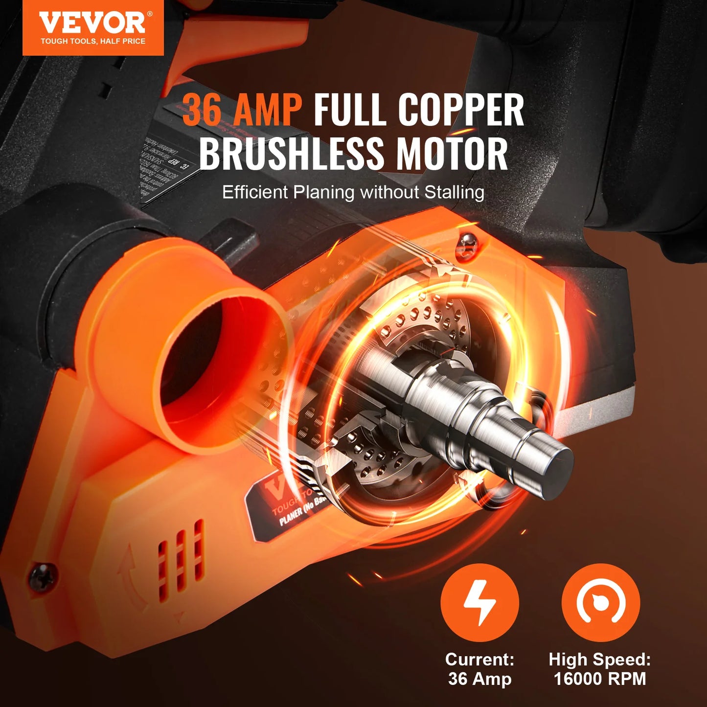 VEVOR Cordless Electric Hand Planer 3-1/4" Width 16000 RPM with Battery 5/64" Adjustable Depth HSS Blades for Woodworking Use