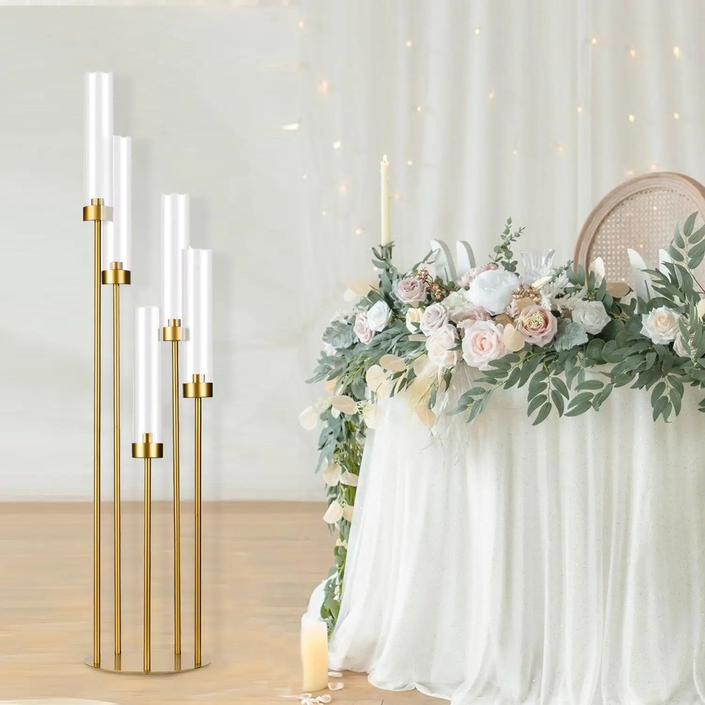 20PCS Gold Floor Candelabra 5 Arm Candle Holder Tall Candle Holder with Acrylic Lampshade for Wedding Birthday Party Decoration