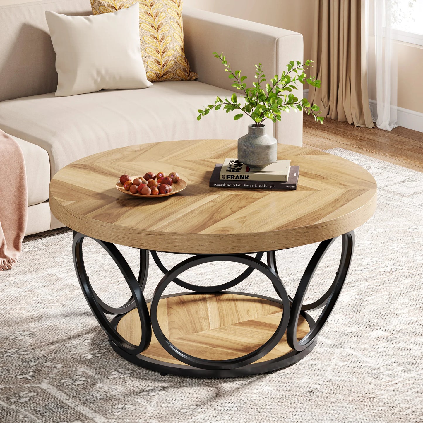 Tribesigns 31.7" Round Coffee Table, Industrial 2-Tier Circle Coffee Table with Storage Shelves, Modern Wooden Sofa Side Table