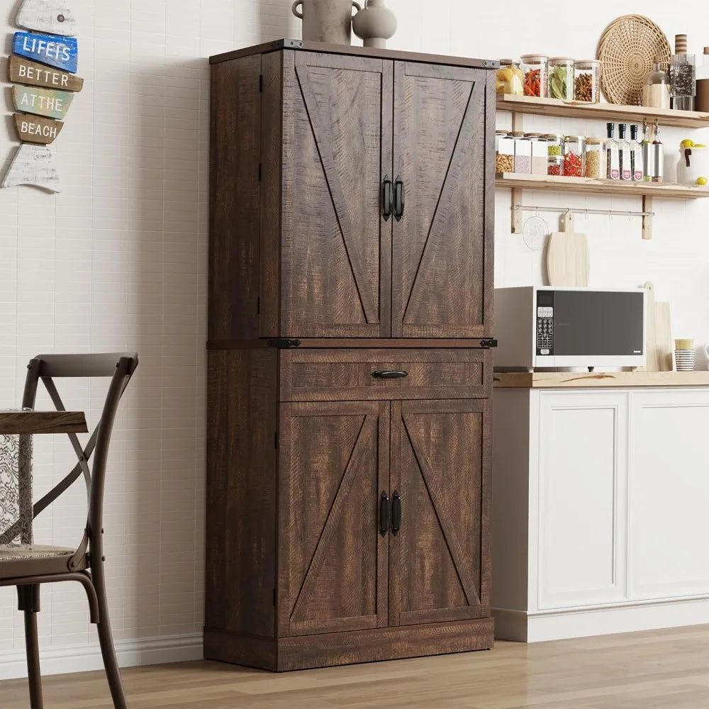 71" Tall Kitchen Pantry Cabinet with 3 Drawers,Farmhouse Storage Cabinet with 6 Barn Door Shelves,with Load-Bearing Steel Pipe