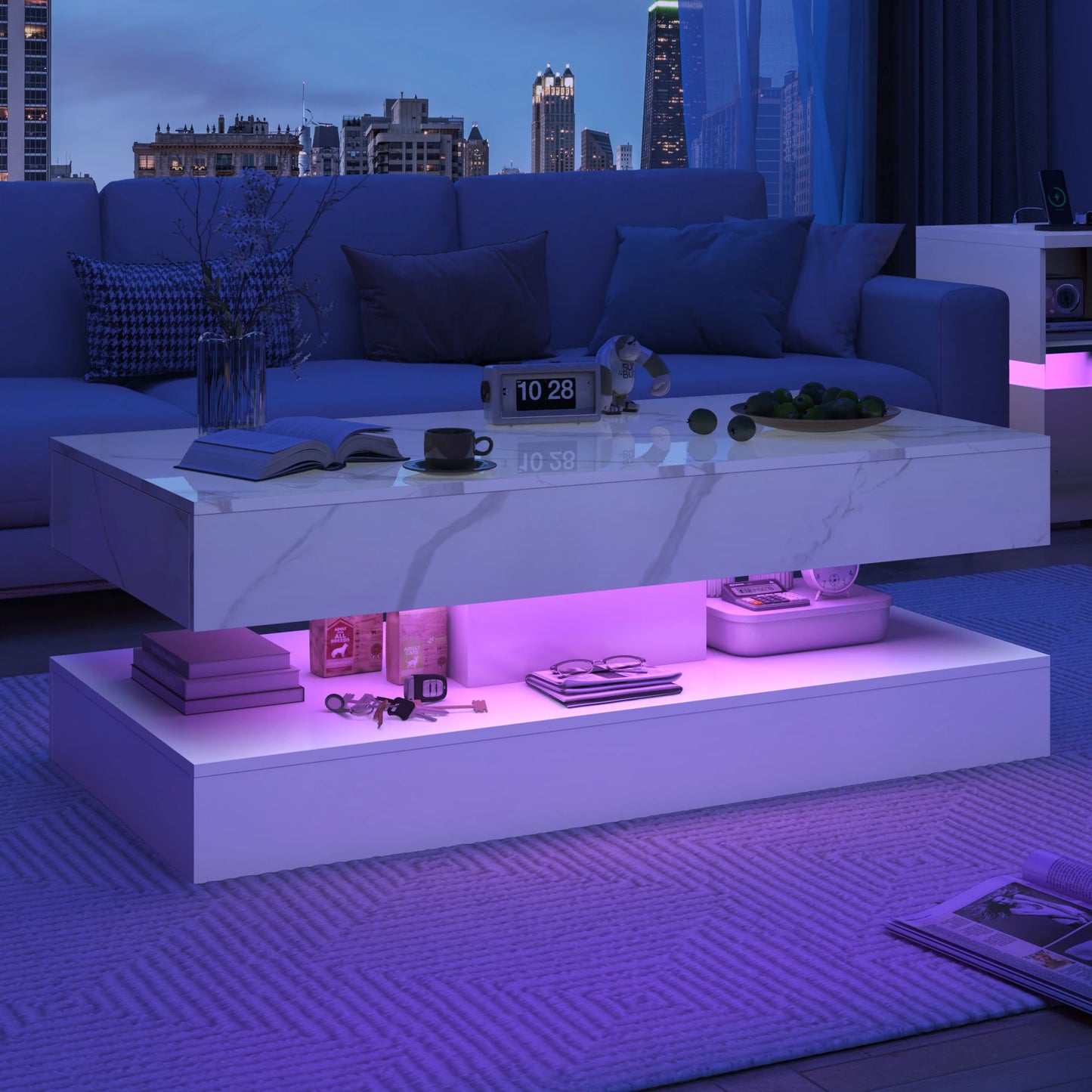 Modern Stylish Coffee Table with LED Lights Double Layer Design and Two Storage Drawers for Living Room