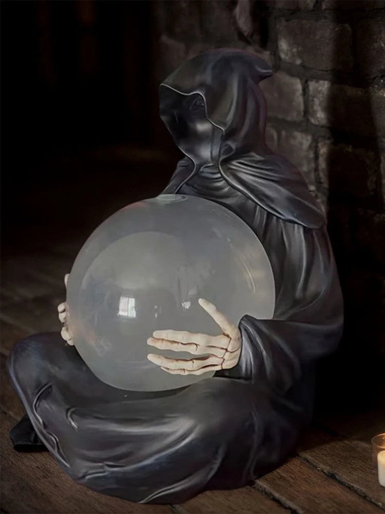 Grim Reaper Statue Crystals Balls Reaper Sitting Statue Floating Bat Crystal Ball Resin Death Robe Sculpture for Halloween Decor