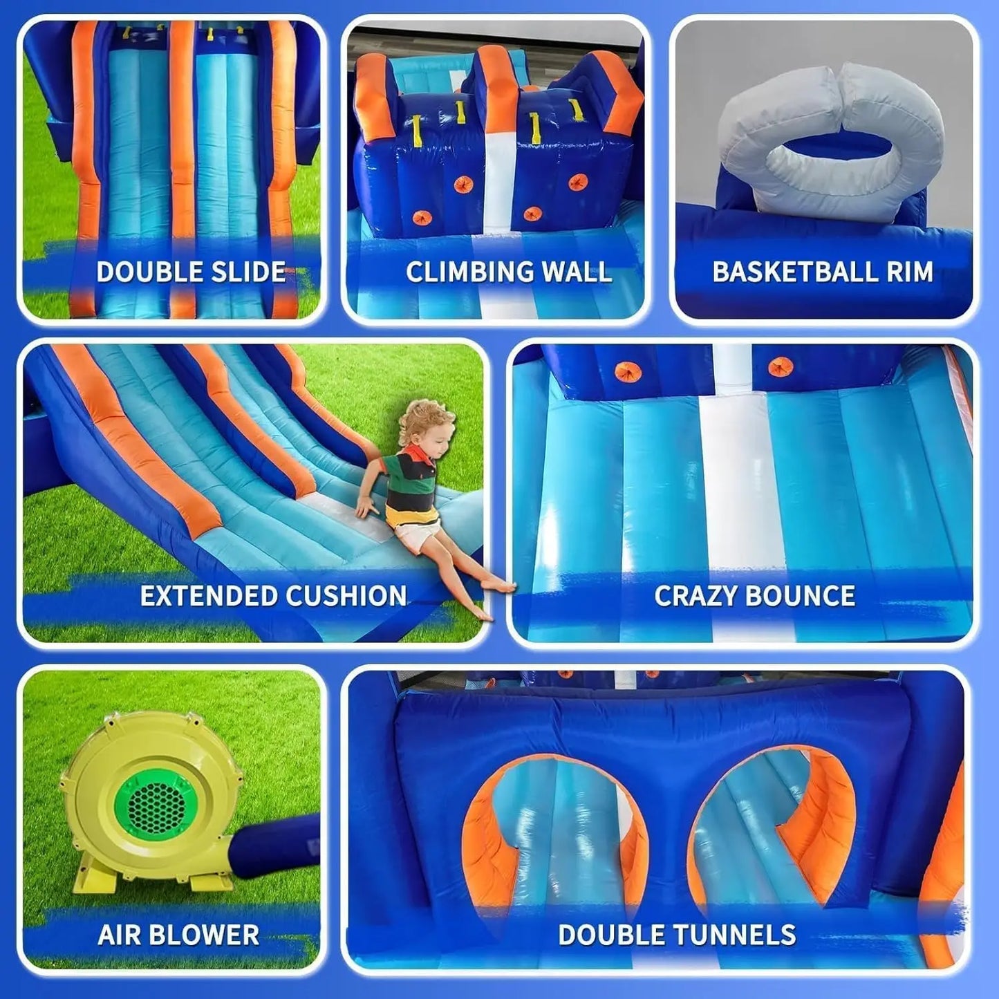 Bounce House Inflatable for Kids - 2 Racing Slides, Spacious Jumping Area, Tunnels & Climbing Walls with Blower for Outdoor Play