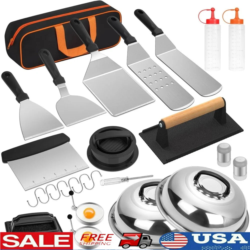 25PCS Griddle Accessories Kit Flat Top Grill Tools Set with Spatulas Basting Covers Scraper Heat Resistant Storage Bag