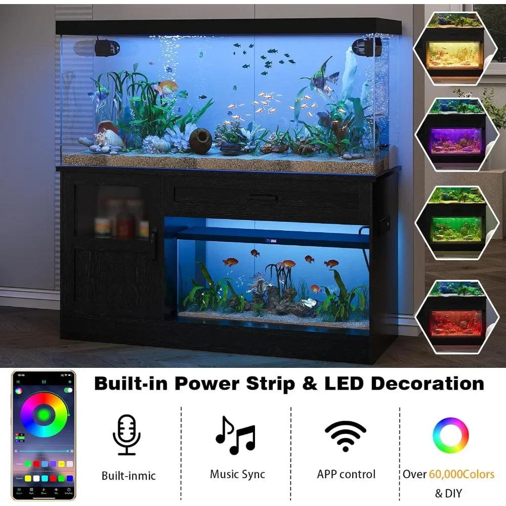 Fish Tank Stand with Drawer Reptile Tank Stand with Power Strip and LED Light Aquarium Stand for Home Use
