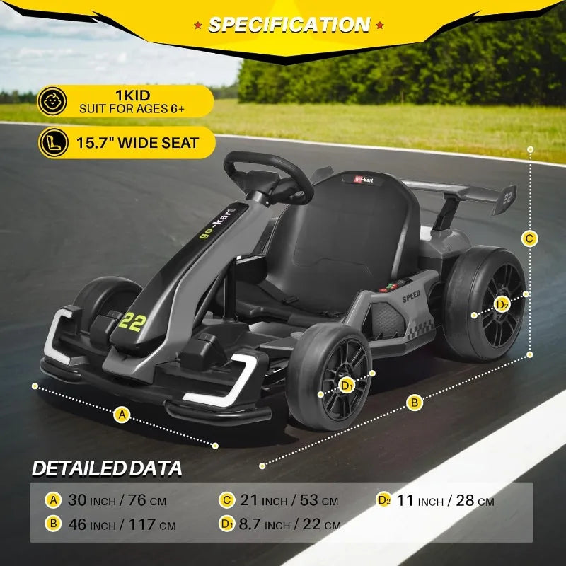 Blitzshark 24V Kids Go Kart 300W Drift Kart Powerful Electric Pedal Kart Outdoor Race Toy, with 2X150W Strong Motor