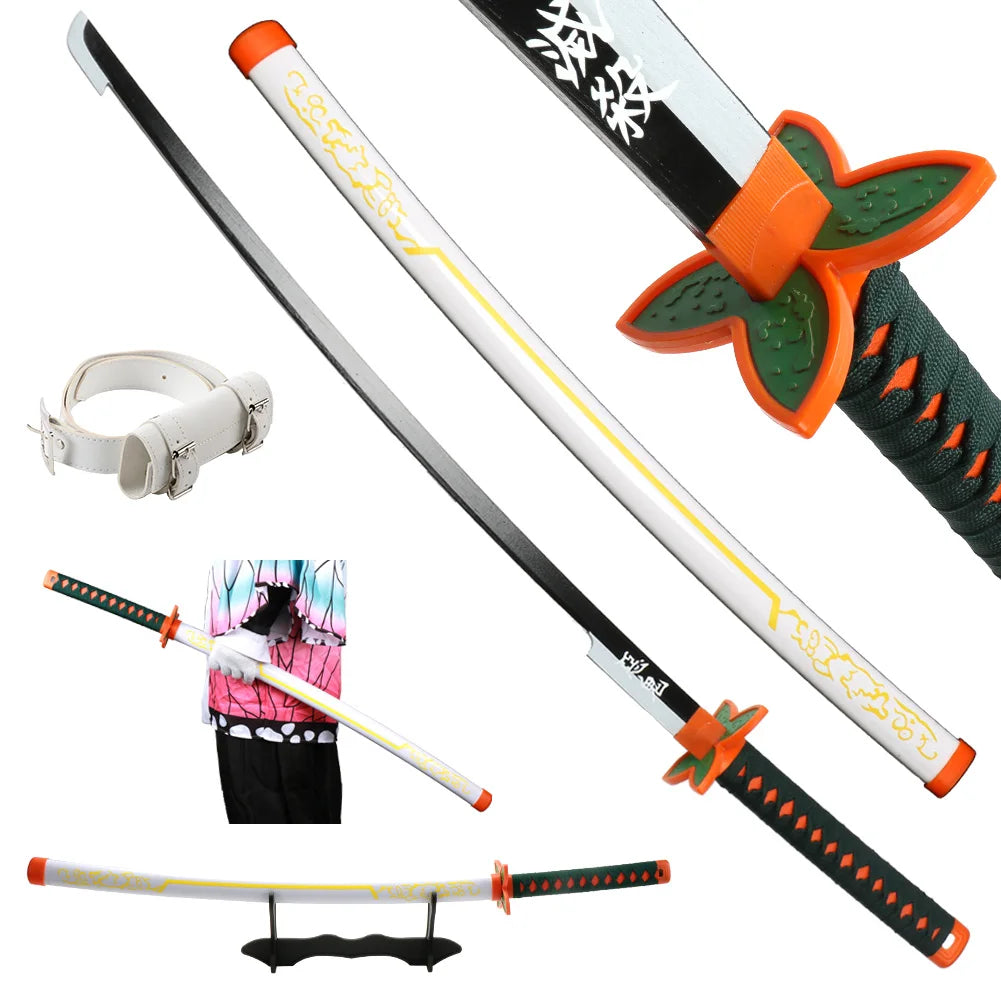 104cm Demon Slayer Katana Sword Kimetsu no Yaiba Wooden Cosplay Anime Weapon Sword Toy Katanas with Display Stand and Belt