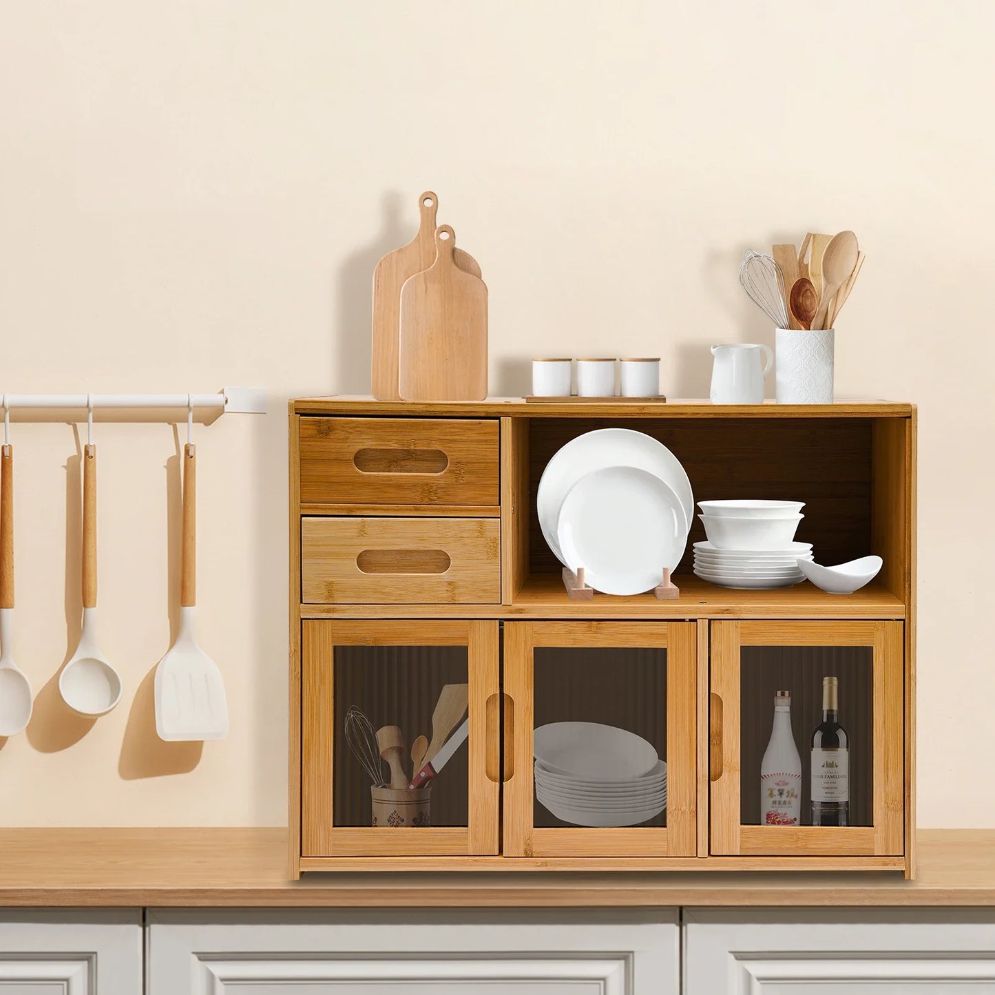 Bymaocar Bamboo Kitchen Utensil Cabinet with Embedded Handle, Compact Countertop Storage Cabinet for Seasoning and Kitchenware