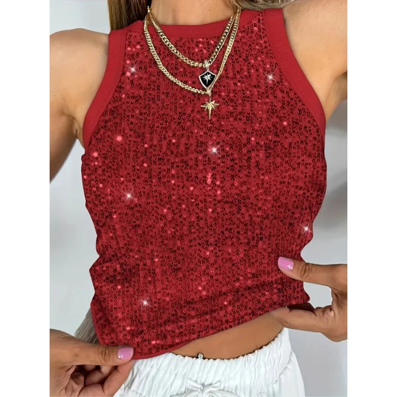 Plus Size 1XL-5XL Women's Fashion Sequin Sleeveless Tank Top Tanks Ladies Casual Crew Neck Summer Vest Tank Top