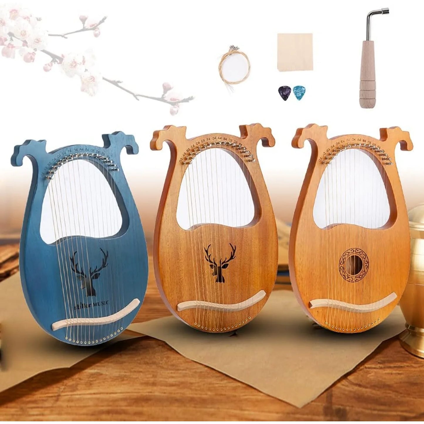 16-String Mahogany Lyre Harp, Handcrafted Solid Wood Instrument for Beginners & Professionals (Includes Tuner & Picks)