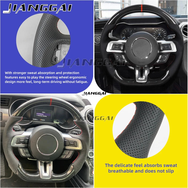 Hydro-Dip Carbon Fiber D-shaped Steering Wheel Preforated Leather Grip for Mustang EcoBoost/GT/Shelby GT350/GT350R 2015-2023