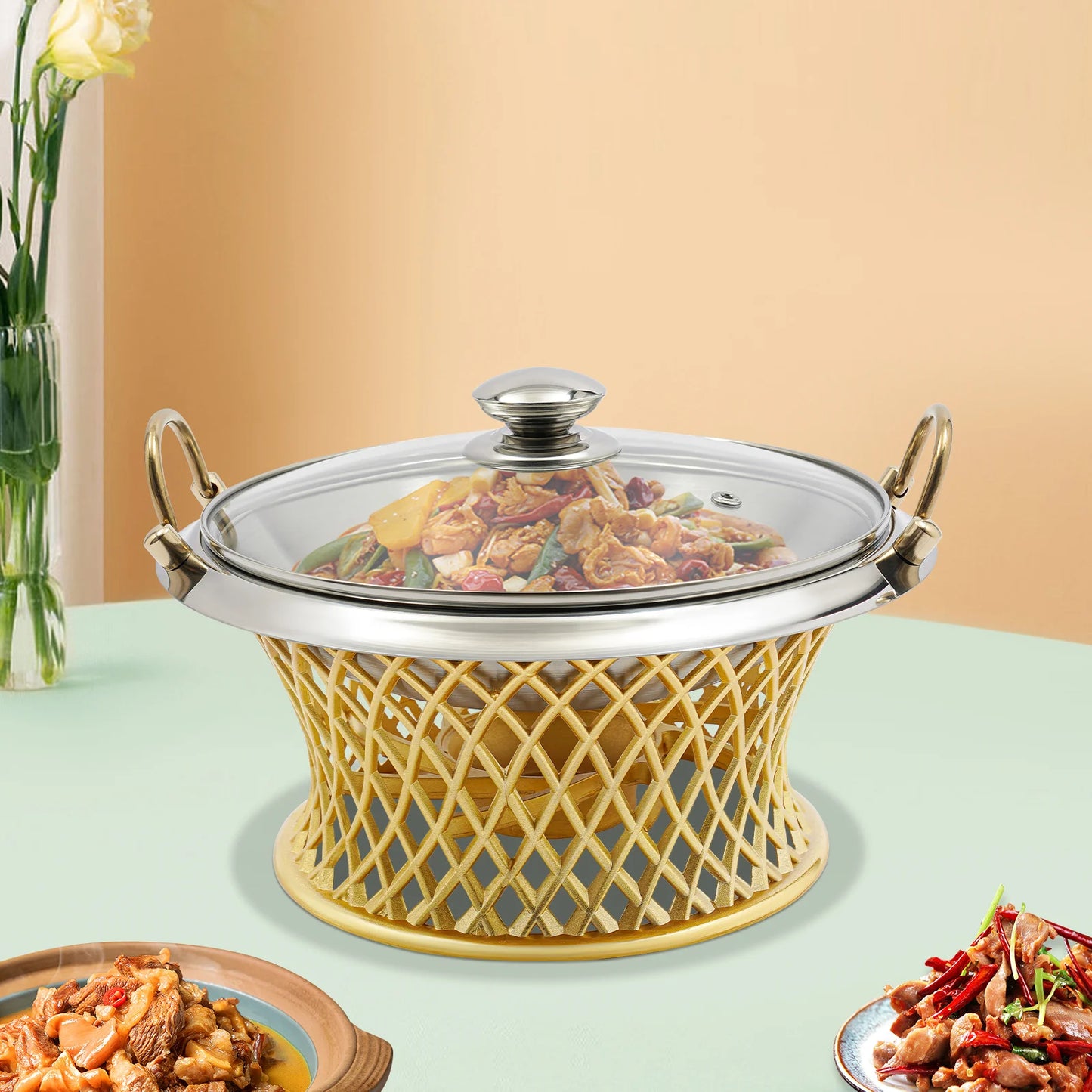 24cm/9.45in Buffet Chafing Dish, Round Chafing Dish, Chafing Dish With Lid, BBQ Tool, For Wedding, Kitchen, Party Decoration