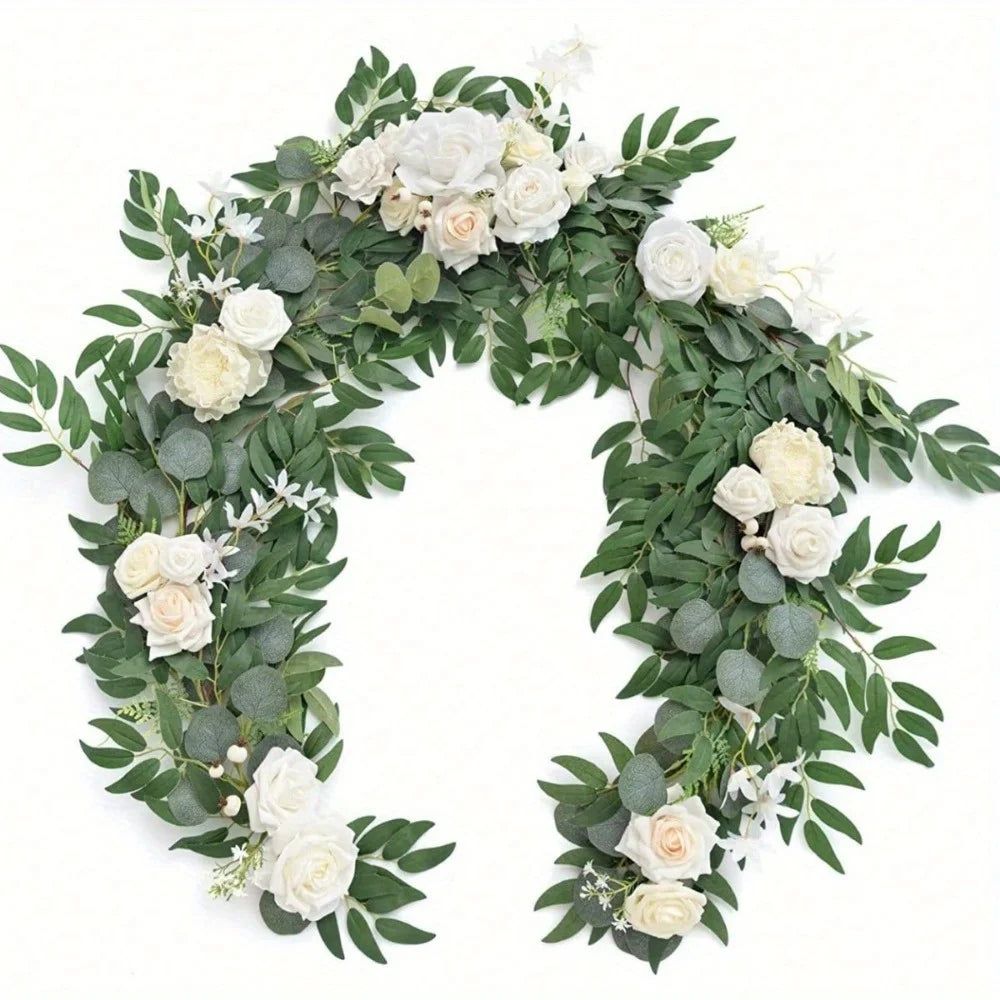 5.9ft Eucalyptus Willow Leaf Garland with Flower, Handcrafted Wedding Sweetheart Table Centerpieces Arch Backdrop Decorations