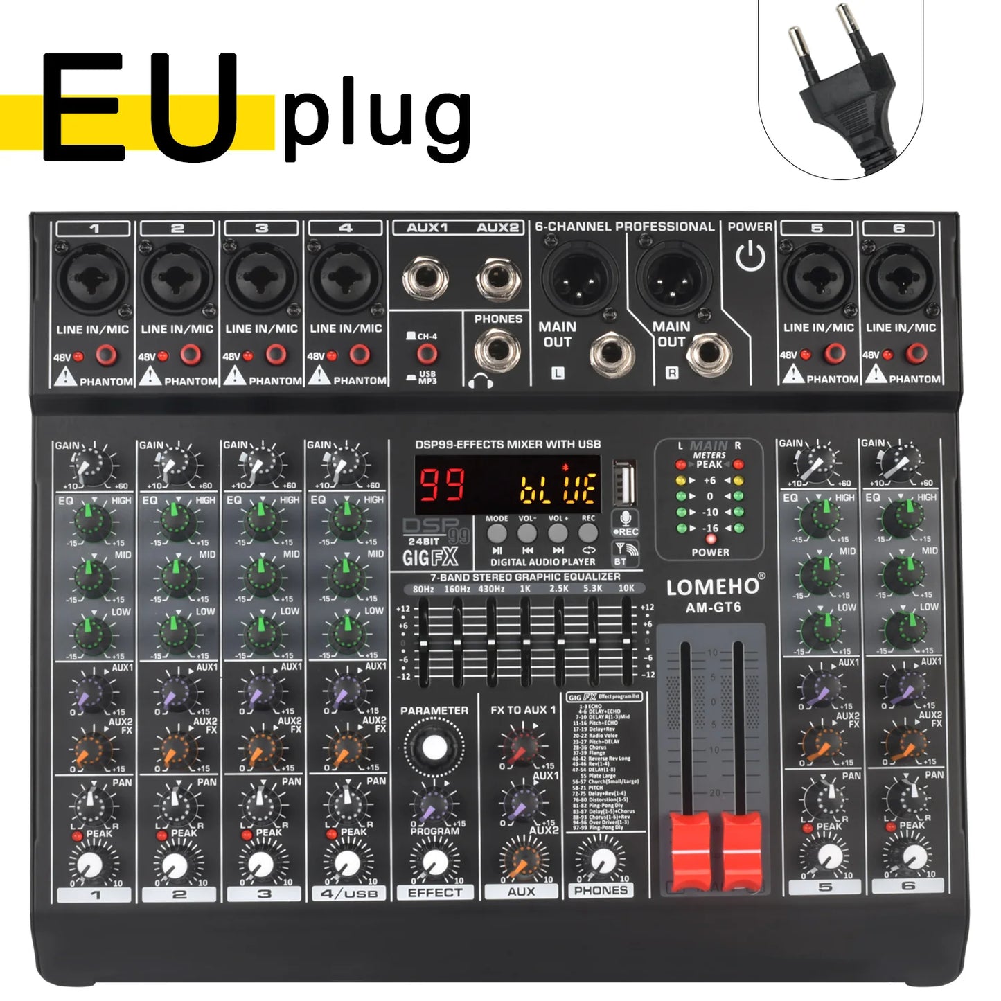 Lomeho 6 Channel Mixing Console Mono 99 Digital Effect USB Sound Card Mixer Bluetooth 48V 2 AUX Dj Karaoke Audio Table AM-GT6
