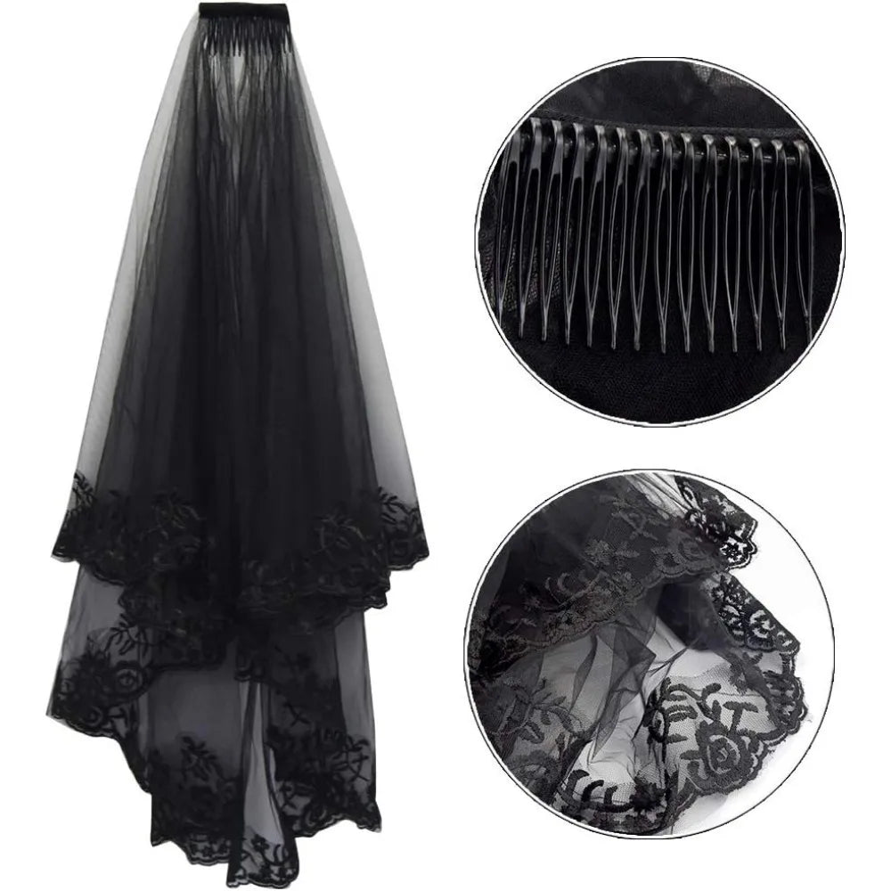 jiebor Black Lace Veil Bridal Wedding Veils Halloween Veil With Comb and Gloves