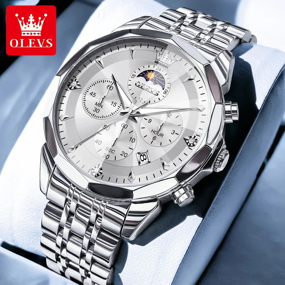 OLEVS 3673 Mens Watch Business Brand Quartz Watches Multifunctional Chronograph Waterproof Moon Phase Watch Mens Gifts Original