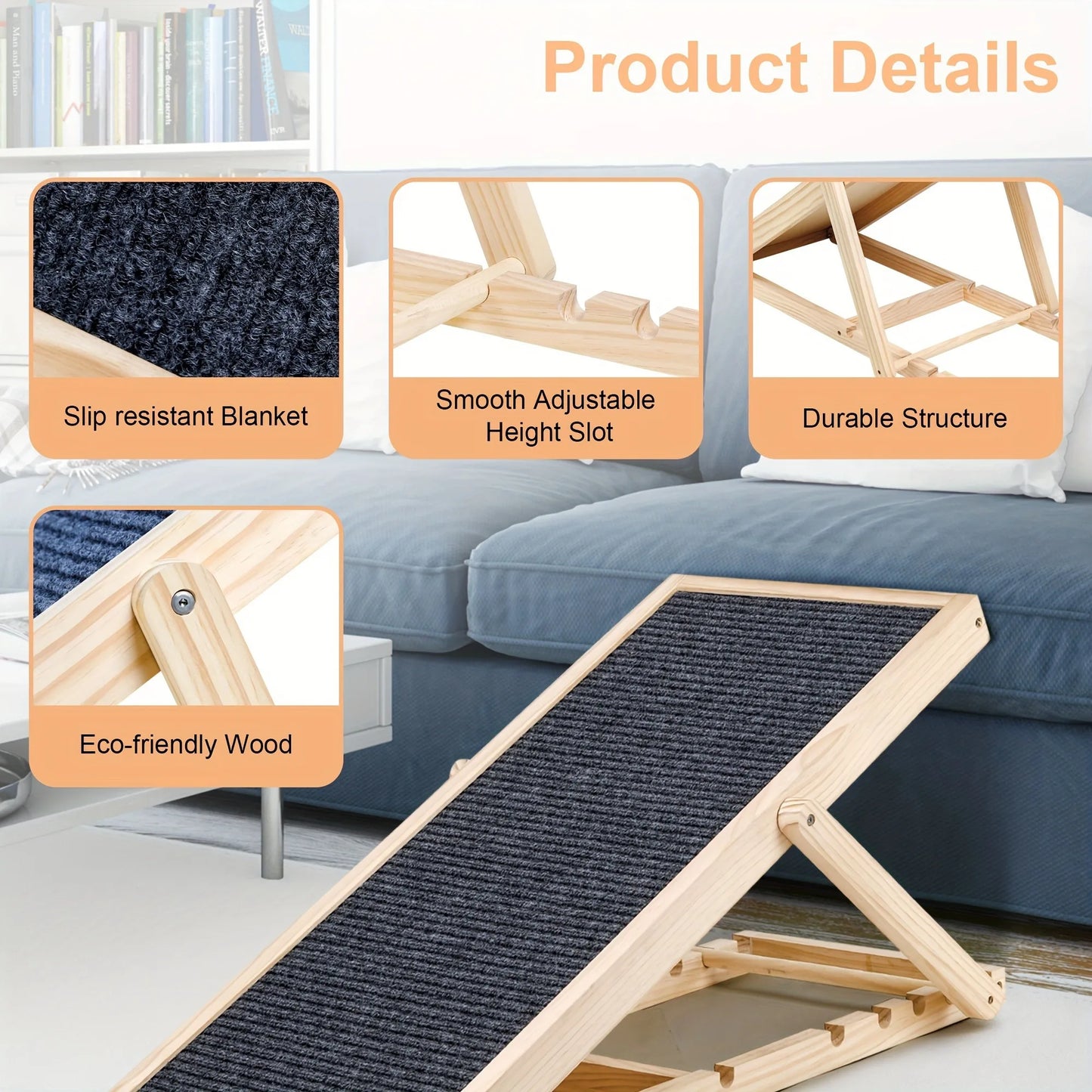 Adjustable Dog Cats Ramp, Upgraded Folding Portable Wood Pet Ramp for Small and Older Animals, 42" Long, Height from 14" to 26"