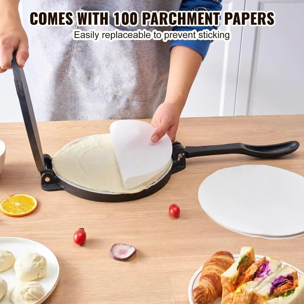 Heavy Duty Cast Iron Tortilla Press 8 Inch Dough Maker for flour Tortillas with Parchment Paper
