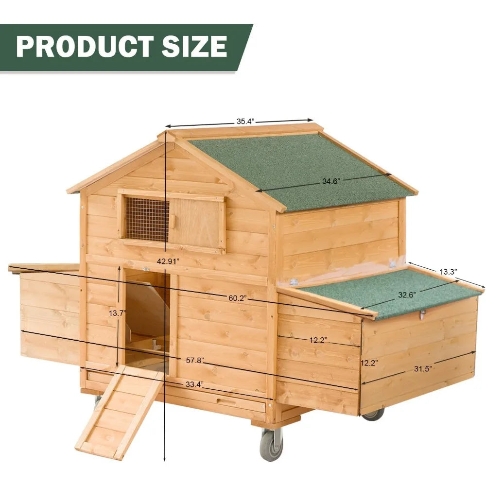 Mobile Chicken Coop with Wheels Large Hen House with Nesting Boxes Portable Chicken House for 4 to 6 Chickens Wooden Poultry Cage