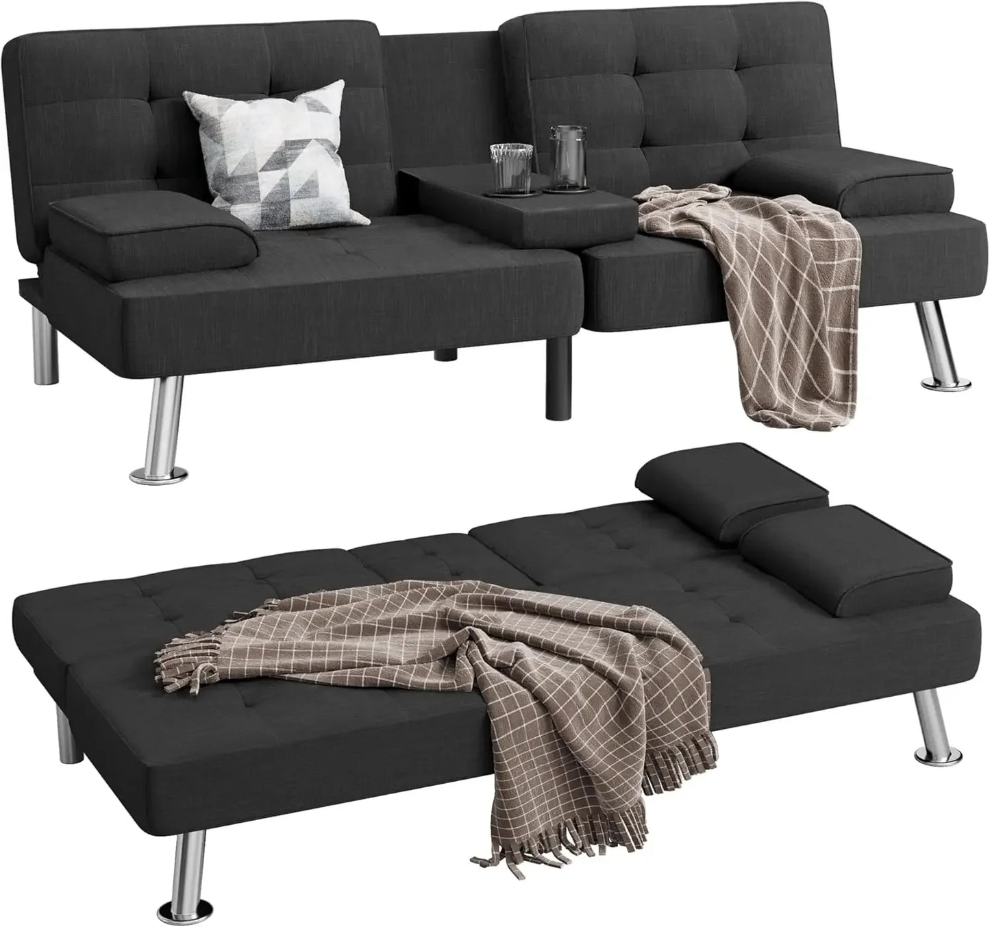Modern Linen Upholstered Convertible Folding Futon Sofa Bed with Removable Armrests, Metal Legs, 2 Cup Holders for Living Room
