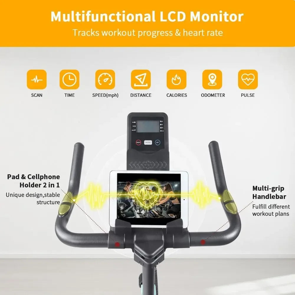 Home indoor exercise bike with LCD display and comfortable seat for aerobic fitness training in home gym
