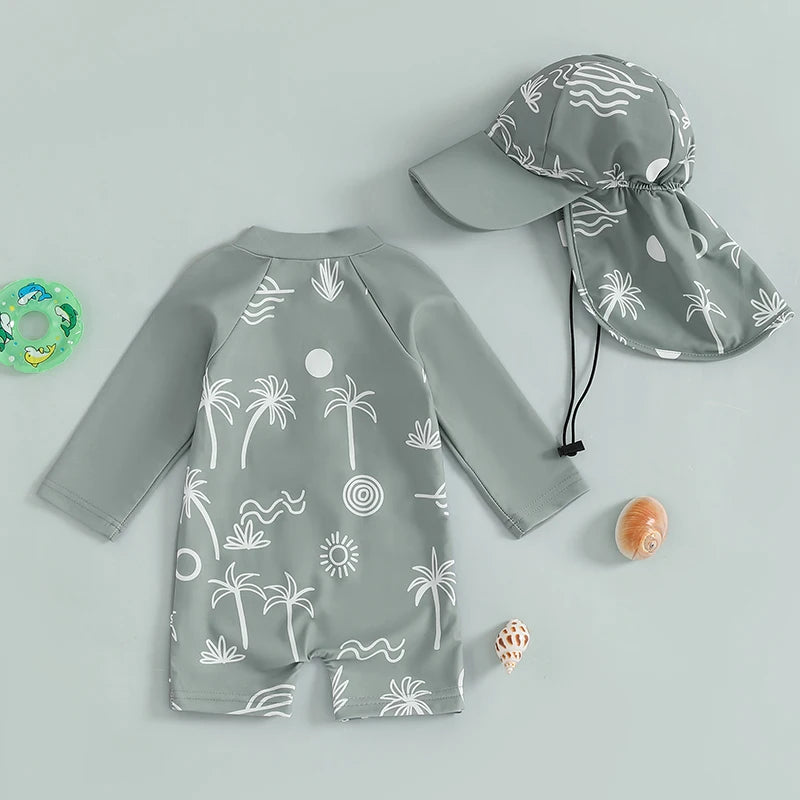 Child s Rash Guard Swimsuit Set with Tropical Palm Tree Print Long Sleeve Mock Neck Zip Bathing Suit and Matching Hat 2 Pieces