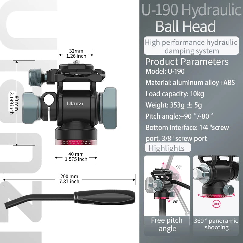 Ulanzi U-190 Fluid Hydraulic Ball Head for DSLR Tripod Arca