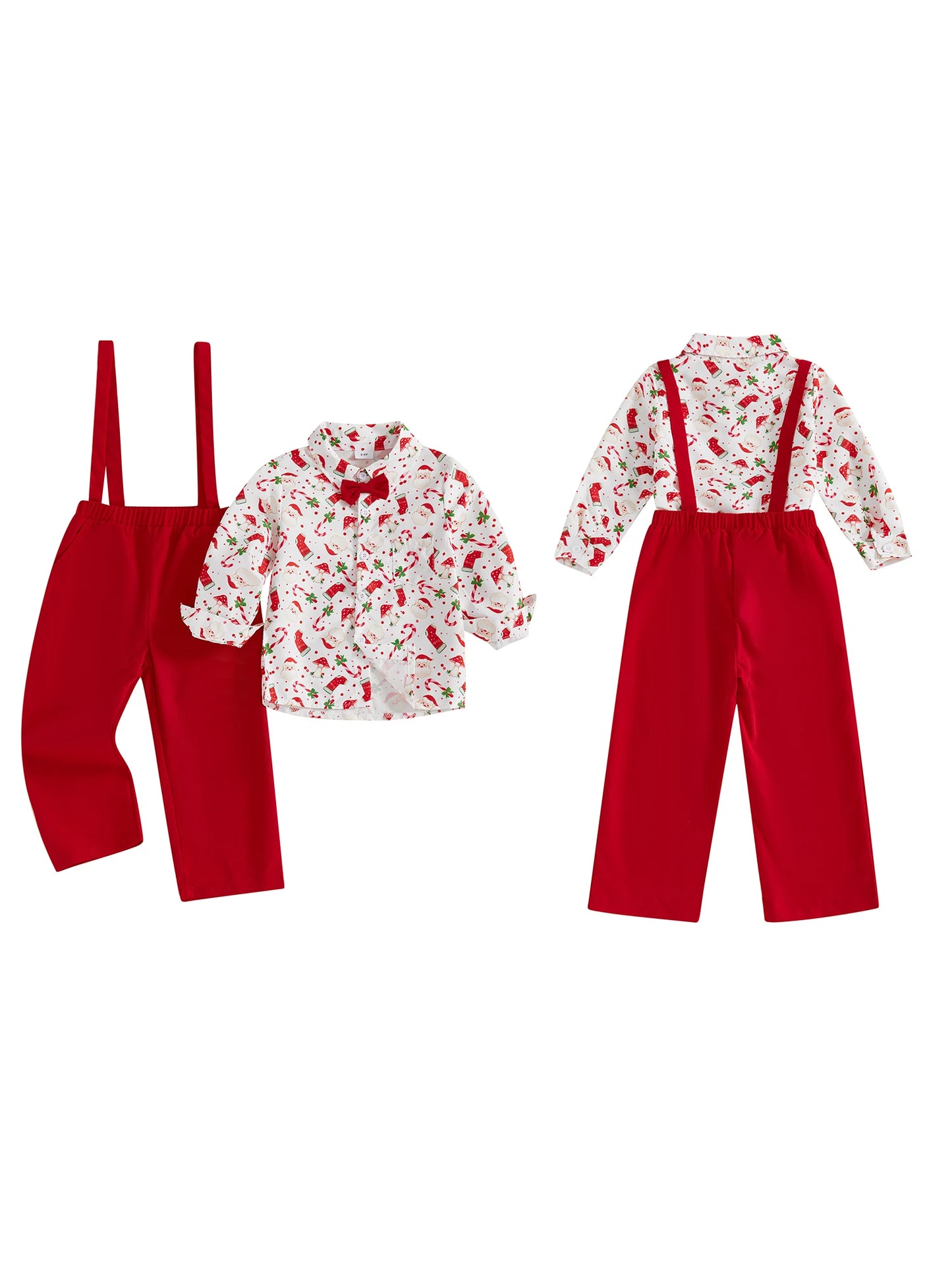 Infant Boys Christmas Outfit Set Gingerbread Print Shirt with Long Sleeves and Solid Color Overalls Pants 2-Piece Clothing